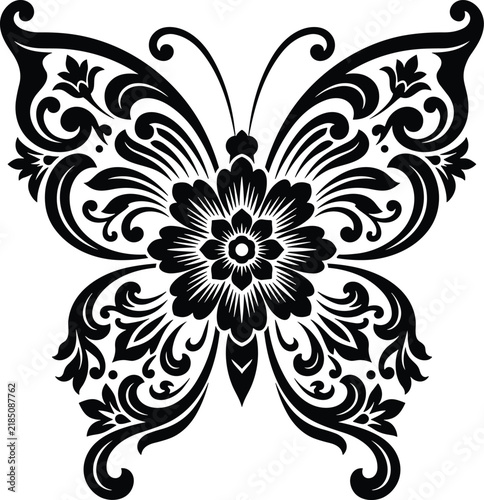 Elegant black ornamental butterfly vector illustration with floral flourishes for creative design