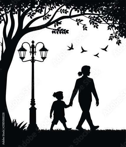 Mother and child walking together in a park silhouette vector illustration for design