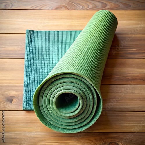 Green yoga mat rolled up on a rustic wooden floor surface top view flat lay photography