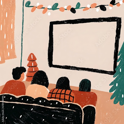 Hand Drawn Illustration Of A Group Of People Watching A Movie On A Large Screen drawing