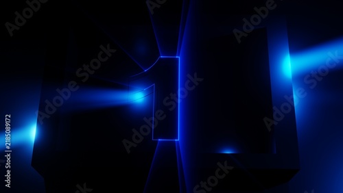 Glowing neon number 1 countdown with bright blue laser light rays