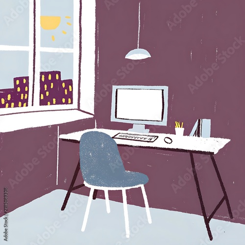 Hand drawn illustration of a home office workspace with a computer desk and chair