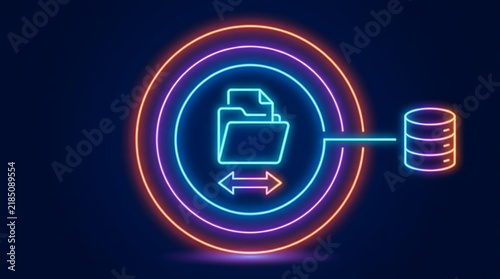 Neon File Transfer and Database Icon representing Cloud Data Storage and Backup Technology