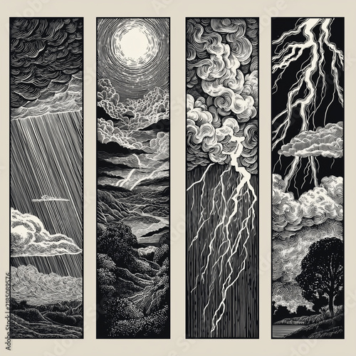 Design of 4 vertical panels showing rain storm and lightening in block print style.