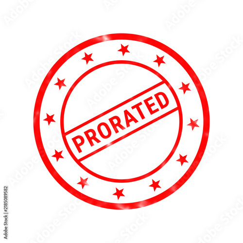 Red prorated rubber stamp icon, circular business approval seal with stars, financial document certification mark