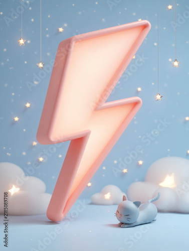 In a toy-like, rounded 3D style, there is a very large, softly glowing light salmon-pink lightning bolt 3D model in the center of the image. Blue cat napping.