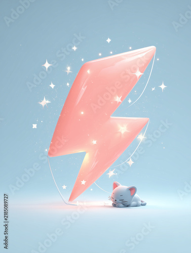 In a toy-like, rounded 3D style, there is a very large, softly glowing light salmon-pink lightning bolt 3D model in the center of the image. Blue cat napping.