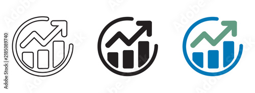 A set of three progress bar icons showing analytical upward growth. Vector diagram symbols designed in minimalist black outline solid dark and blue color options.