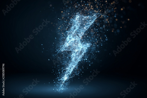 Lightning bolt icon, sharp lines, lots of particles dots light floating around, energetic electic atmosphere, dark background.