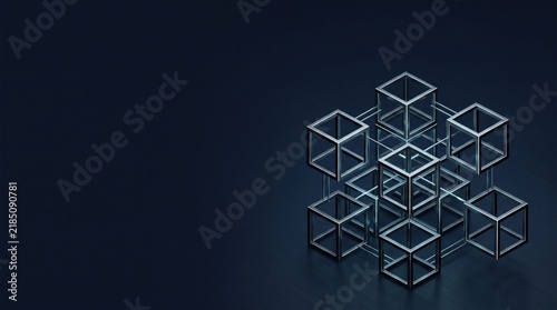 Interconnected metallic wireframe cubes on a dark blue background