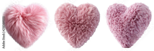 Set of A vibrant blush pink heart shaped cushion made from ultra-soft fluffy material, centered composition, smooth rounded form on transparent png background. Ai generated