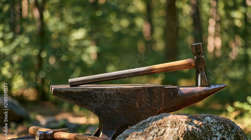Tapety artystyczne Metalworker's finished steel rod cooling on an anvil outdoors, single object detail against dappled forest edge, hammer resting beside it, grain of the forged metal catching