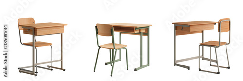Set of Affordable single student school desk with adjustable legs and ergonomic matching chair, durable classroom furniture on transparent png background. Ai generated