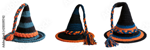 Set of Adorable handcrafted purple witch hat with a twisted pointed tip and decorative orange crochet band on transparent png background. Ai generated