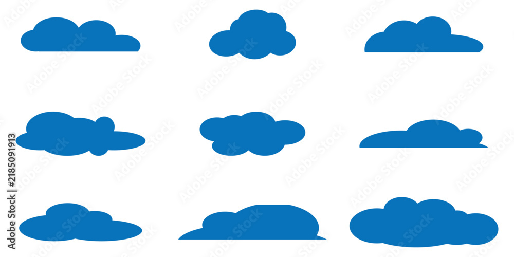 Fototapeta premium Blue cloud icon set on white background. Weather rain cloud icons set on white page. Drop atmosphere cloud icons set on white background. EPS 10. 