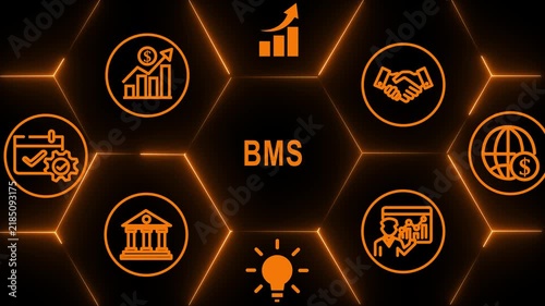 Business Management System BMS Technology Icons Animation for Corporate Management on Black Background