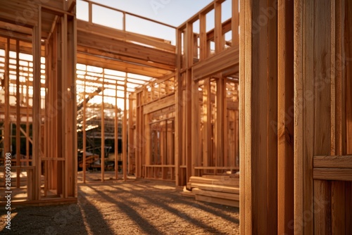 Abstract wooden framing on a residential construction site in warm morning light