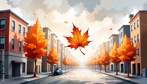 Autumn street scene with falling leaf and colorful trees in city  
