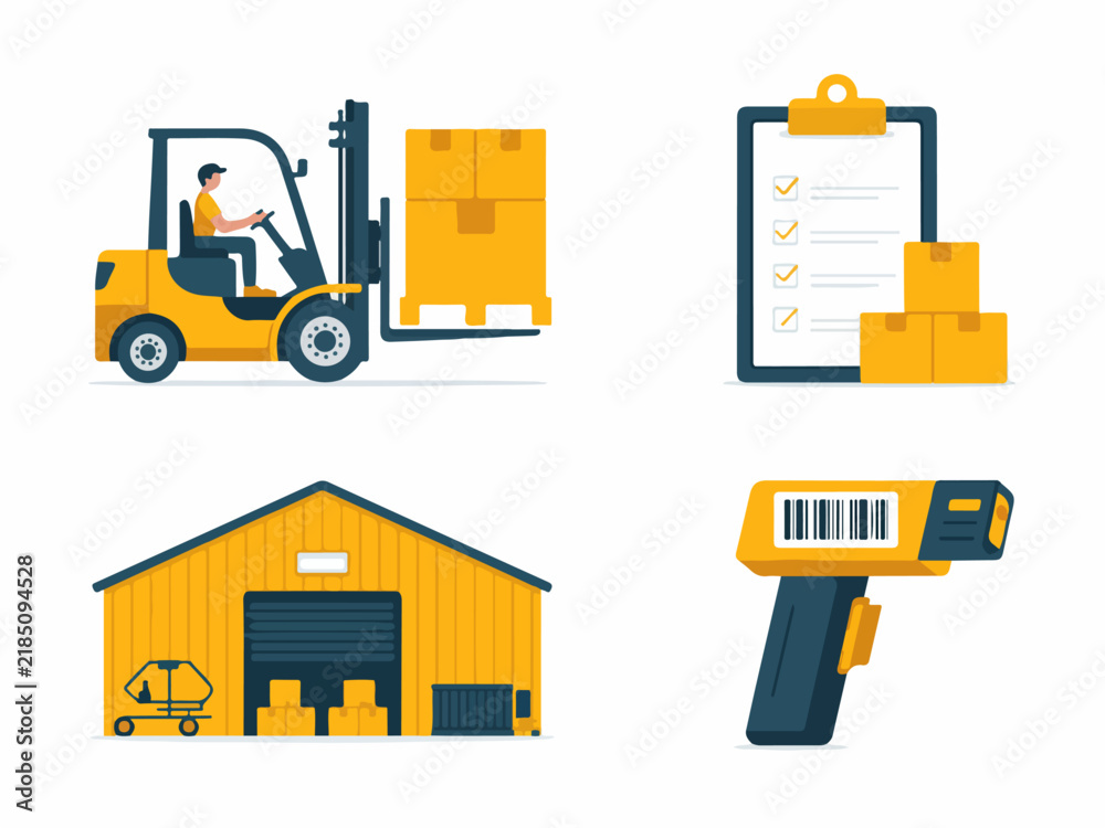 Naklejka premium Logistics and Warehouse Flat Icon Set with Forklift, Clipboard, Boots, Tent, Compass, and Tools