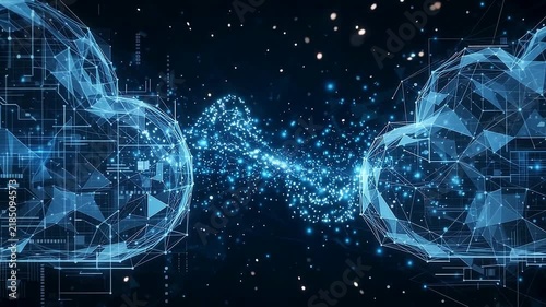 Cloud computing network data transfer and storage symbol in digital cyberspace with glowing binary stream and futuristic connectivity infrastructure background