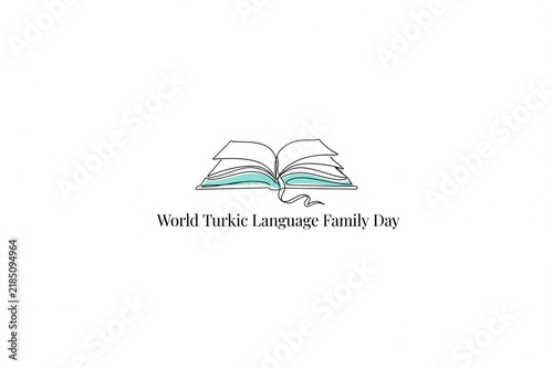 Turkic language family day featuring a single line open book with teal pages and black text on a white background
