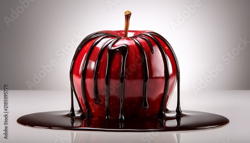 a single red apple covered in a glossy opaque black candy coating clean drips isolated on white background