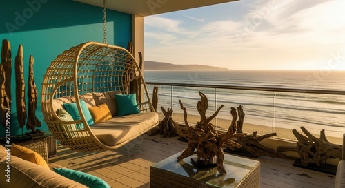Serene Ocean Balcony Oasis With Hanging Chair And Driftwood Decor