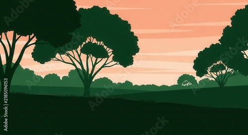 Serene Silhouette Trees In A Lush Green Landscape With A Peach Colored Sky