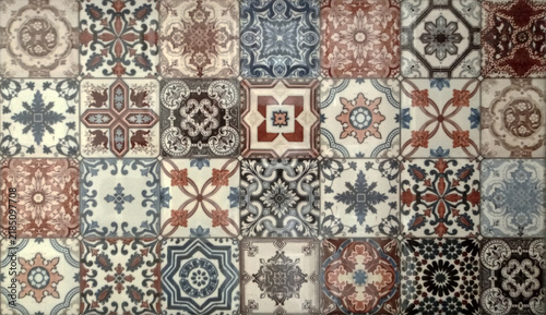 Checkered traditional European ceramic mosaic tile background pattern. Architectural mosaic detail, abstract background for street, bath and pool. Ornamental pattern for street and interior design