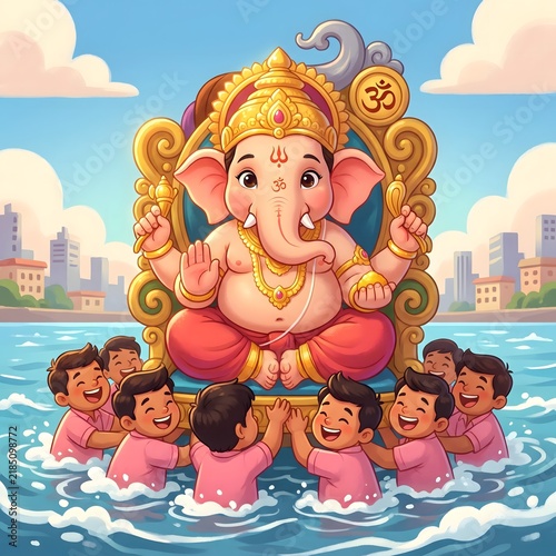 A vibrant cartoon illustration of joyful devotees carrying a large Lord Ganesha idol into the water for immersion during the Ganesh Chaturthi festival.