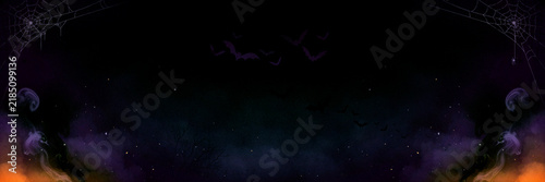 Spooky Halloween Background with Flying Bat Silhouettes, Spider Webs and Purple Green Swirling Smoke on Black Sky, Atmospheric Illustration for Party Invitations and Seasonal Designs