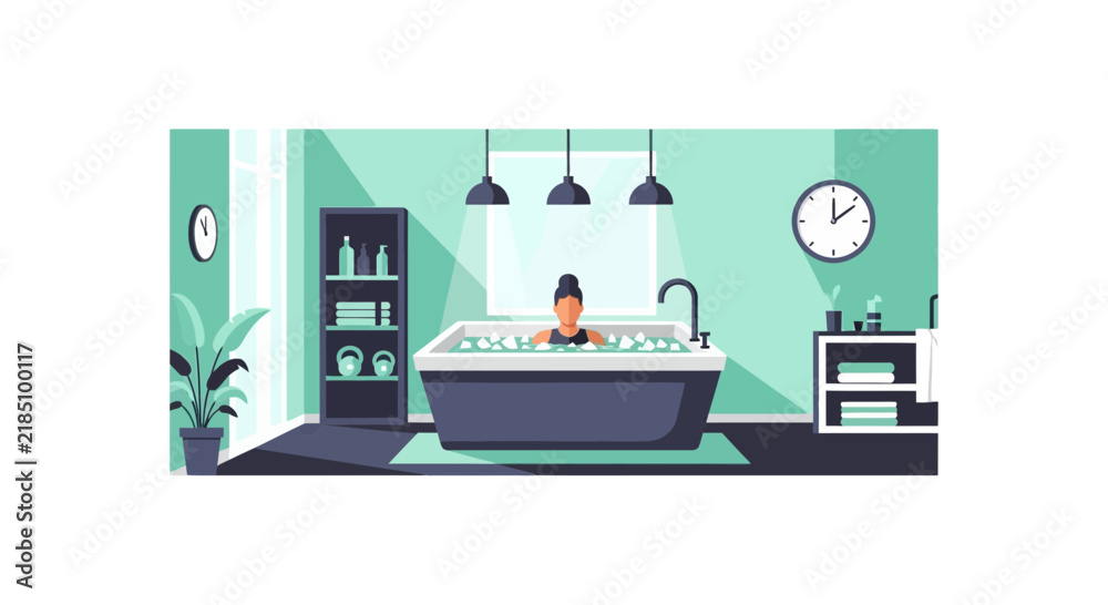 Obraz premium Woman Taking Ice Bath for Recovery in Modern Spa or Gym, Vector Illustration