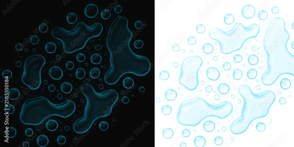 Naklejka premium Water drops and liquid puddles set on black and transparent backgrounds