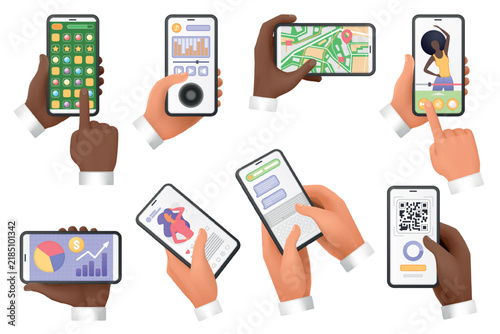 Diverse hands holding smartphones with various app interfaces, including charts, maps, QR codes, and messaging, representing modern mobile technology usage vector illustration