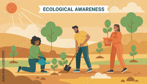 Diverse volunteers planting young trees to restore the local environment under a banner that says ecological awareness.