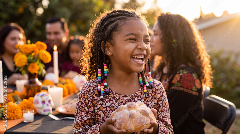 Fototapeta premium A radiant Afro-Latina girl with beaded braids laughs holding pan de muerto at a golden Day of the Dead family dinner.