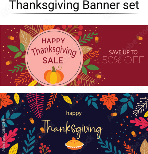 Thanksgiving Sale Banner Collection with Autumn Leaves, Pumpkin and Special Discount Offers