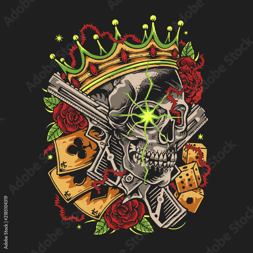 skull head crown with guns, rose, ace, dice. streetwear old school retro design vector illustration