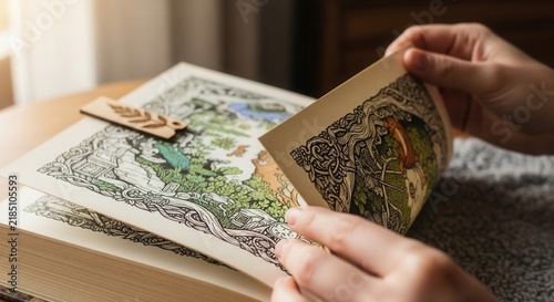Hands Turning Pages Of A Fantastical Illustrated Book