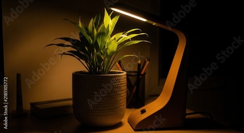Illuminated Green Plant On Desk With Modern Desk Lamp
