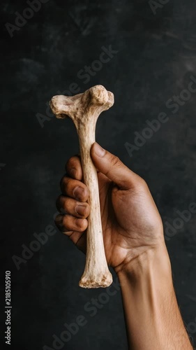 Close-up of human hand holding a prehistoric fossilized human skeleton bone, possibly indicating research or education in biological anthropology and evolutionary history.