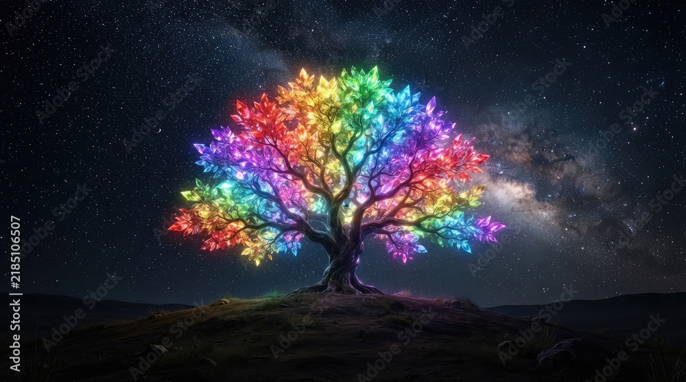 Obraz premium Radiant rainbow tree glowing with vivid multicolored foliage standing majestically against a starry night sky and deep cosmic galaxy