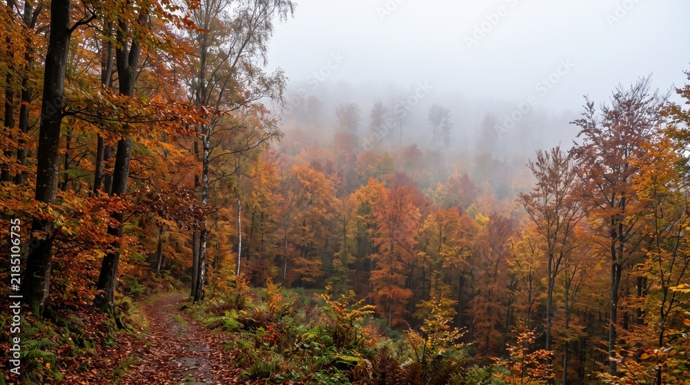 Fototapeta premium Autumn forest path with colorful foliage and misty background 