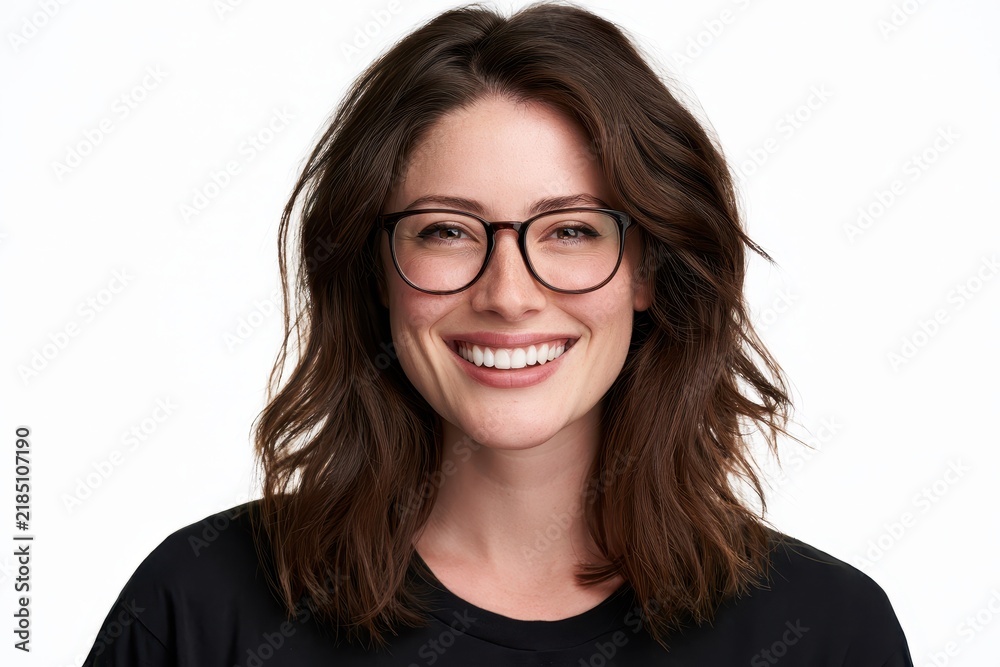 Obraz premium Casual portrait of a young woman with glasses on a white background