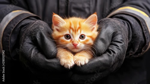 Newborn Kitten in Firefighter's Gloves
