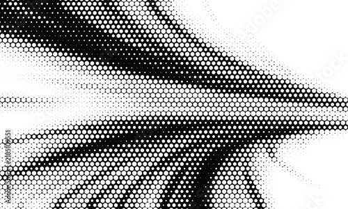 Monochrome halftone dot pattern with dynamic wavy lines creating a textured abstract background