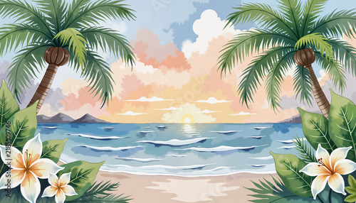 Tropical beach scene with palm trees and flowers at sunset  