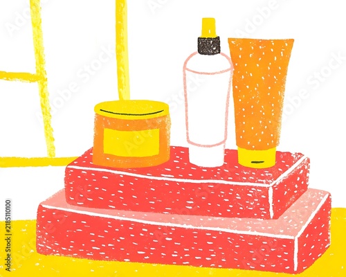 Skincare Containers on Red Textured Blocks with Yellow Window Illustration cream