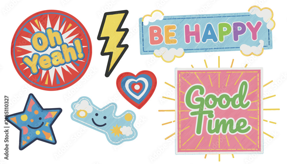 Fototapeta premium Colorful collection of cute retro themed patches and stickers including text quotes, lightning bolt, heart, and stars.