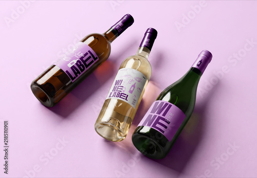 Three Wine Bottles Mockup on Solid Background